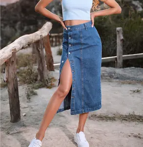 Solid Color High Waist Slit Mid-length Ladies Jeans Wrap Skirt Button Front Long Denim Skirts For Women