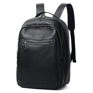 Laualstenr Genuine <b>Leather</b> Laptop <b>Backpack</b> 15.6 Inch Mens Travel <b>Backpack</b> <b>Large</b> Capacity Black Solid Color Soft Handle - Product Image 1