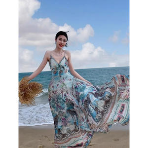 Vestido Bohemio con Tirantes y Cuello en V para Mujer, Largo hasta el Suelo, de Cintura Alta, Falda Acampanada, Transpirable, Floral, de Mezclilla/Crepé, Estilo Lápiz - Product Image 2