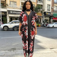 Nouvelle Robe Décontractée Quotidienne Ample à Col en V et Manches Chauve-Souris Imprimée Fleurs Vertes et Blanches, Style Africain Kraft Tan, pour Femme 2026