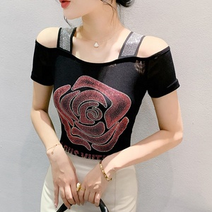Tops y Camisetas para Mujer con Estampado de Múltiples Patrones, Hombros Descubiertos, Pedrería, Lentejuelas <span class=keywords><strong>Brillantes</strong></span>, Ropa para Discoteca, Camisetas de Manga Corta para Fiesta - Product Image 2