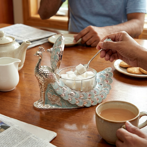 Peacock Design Metal <b>Sugar</b> <b>Bowl</b> with Spoon, Decorative Silver Finish <b>Sugar</b> Container <b>for</b> Tea Coffee Serving and Tableware - Product Image 1