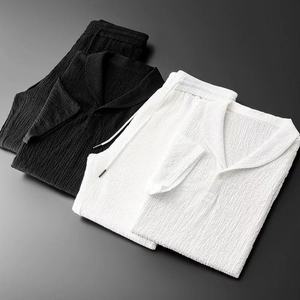 Color sólido Polo Solapa Cuello Botón Cintura elástica Pantalones Chándal Verano Hombres Trajes de 2 piezas Tops de manga corta + Pantalones largos - Product Image 5