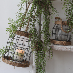 Bougeoir <span class=keywords><strong>en</strong></span> fil de <span class=keywords><strong>fer</strong></span> <span class=keywords><strong>forgé</strong></span> pour cour vintage Cage à bougie suspendue avec corde de chanvre Coupe <span class=keywords><strong>en</strong></span> verre à l'intérieur Bougeoir de style industriel - Product Image 6