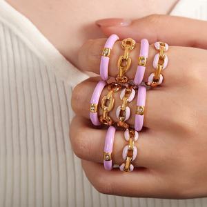 Anello smaltato a maglia in acciaio inossidabile colorato anello estivo con anello a catena in zircone <span class=keywords><strong>solitario</strong></span> viola blu - Product Image 4