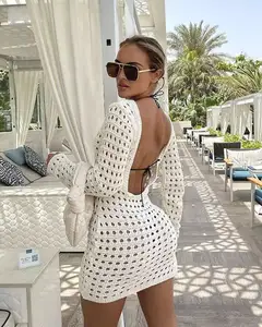 2023 Sexy Bikini Cover-ups White Crochet Tunic Knitted Summer Beach Dress Women Beach Wear Swim Suit Y2K Bodycon Cover Up OEM