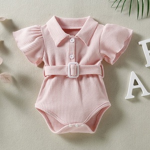 2022 Mono de bebé con mangas de volantes, estilo temperamental, rosa, adorable, con cinturón y pecho abierto - Product Image 5