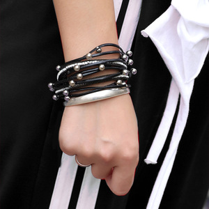 Fashion Charm <b>Bracelet</b> Multi Layer Leather Magnetic Clasp Rhinestone <b>Ball</b> Beads Wrap <b>Bracelet</b> For Women Gift Jewelry - Product Image 2