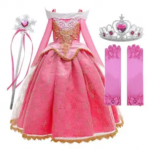 2024 गर्ल प्रिंसेस ड्रेस अप स्लीपिंग ब्यूटी पिंक प्रिंसेस कॉस्टयूम 3-10 साल की लड़कियों के लिए
