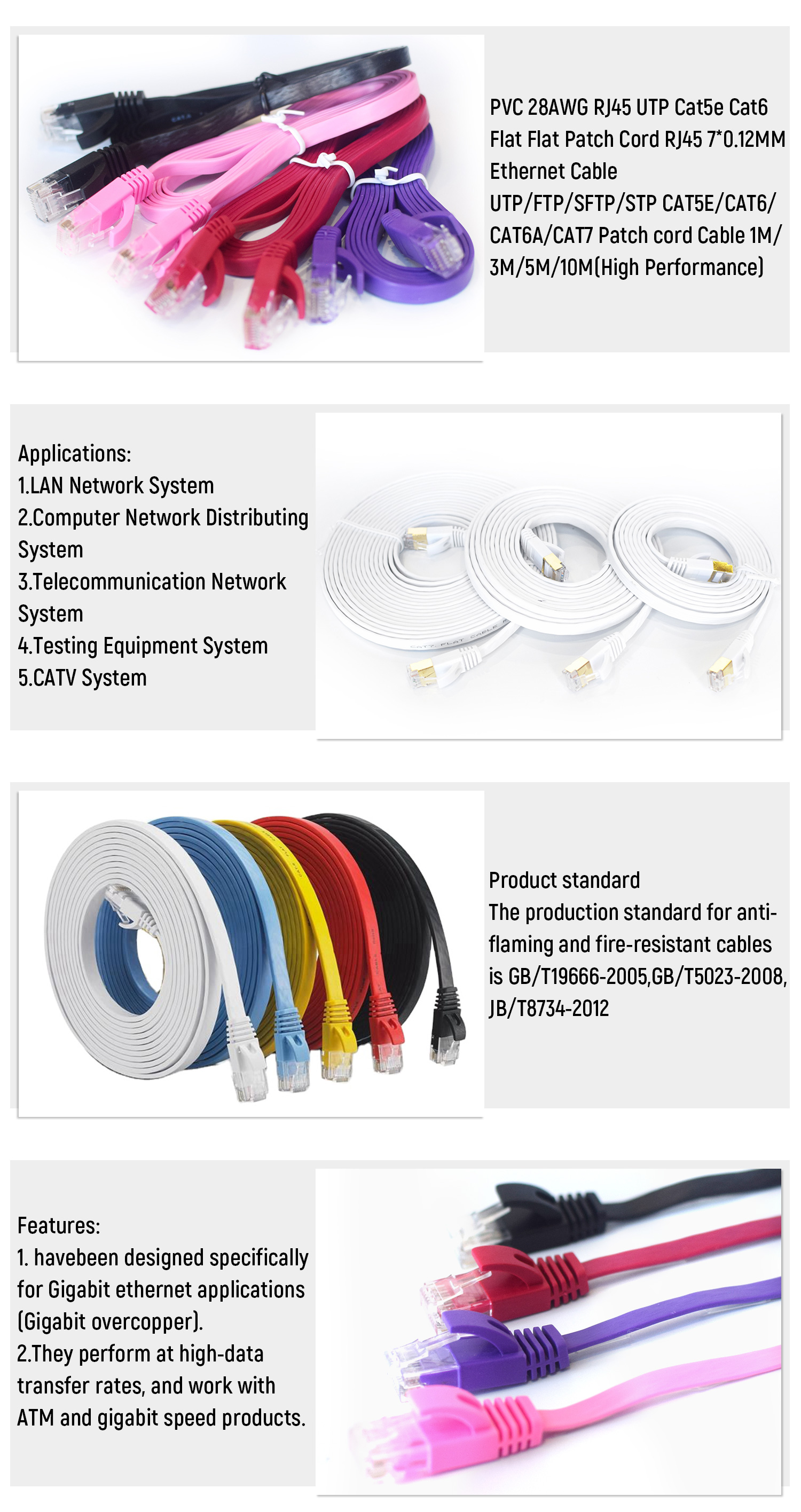 White 1m-50m RJ45 Cat6 Flat Patch Cord Cat5e Ethernet Patch Cable