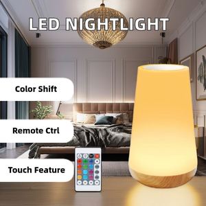 Modern Style <b>Touch</b> Remote Control LED Nightlight Table <b>Lamp</b> Warm White <b>Light</b> Wooden Grain Design for Bedroom Bedside Battery - Product Image 2