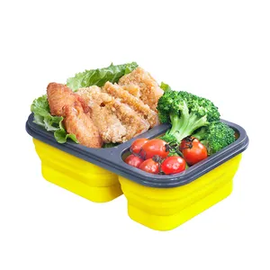 Recipientes de alimentos dobráveis com 2 compartimentos, sem bpa, arruela de silicone, caixa de almoço, microondas, recipientes de alimentos seguros, com tampas