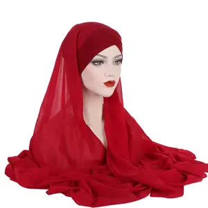 2024 new design Chiffon plain universal forehead cross polyester sunscreen sunshade commuter versatile Malay scarf Muslim hijab