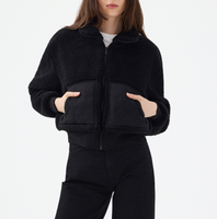 Veste en molleton Sherpa pour femme, à manches longues, avec poches cargo contrastées et fermeture éclair, style designer, coupe courte