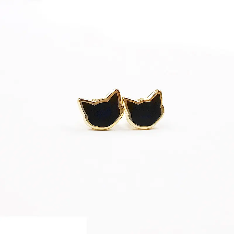 Ladies Gold Custom Logo Design Cat Black Stud Metal Earrings Jewelry Fashion For Women