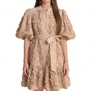 เดรสยาวปานกลางประดับดอกกุหลาบ 3 มิติสำหรับผู้หญิง - เดรสออกงานทรงพองแขนยาวพร้อมเข็มขัด แฟชั่น - Product Image 5