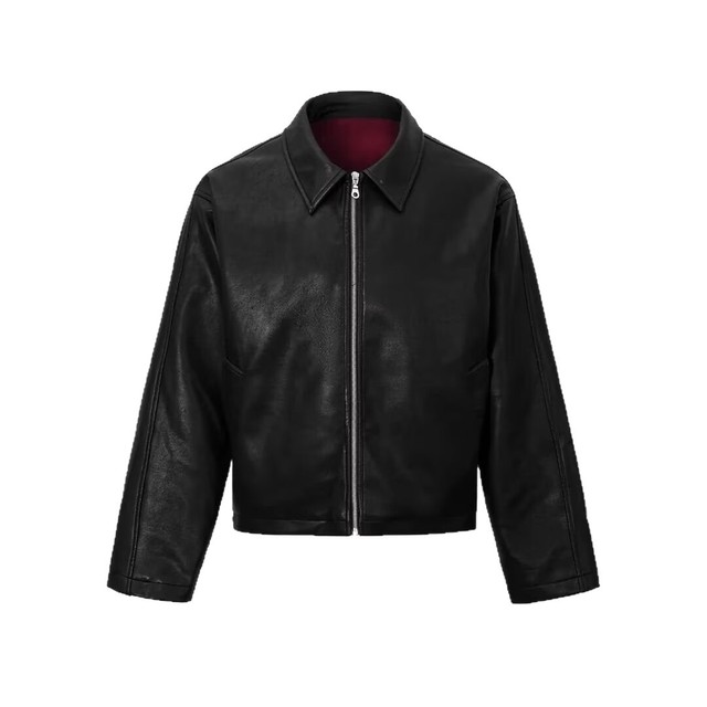 American high-street vibe simple black edgy leather jacket for men, trendy brand loose top with collar and zipper