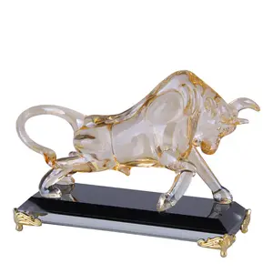 Glass Animal Figure Statues Souvenir Sculpture Home Office Decor Champagne Crystal Bull Figurine Art Gift Box Europe Folk Art