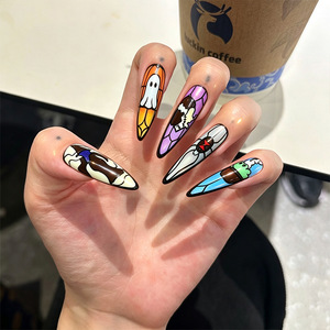 Ongles longs ultra-fins minimalistes sans couture, style fantôme de dessin animé <span class=keywords><strong>manga</strong></span>, prêts à poser, très demandés pour Halloween - Product Image 1