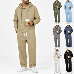 Conjunto de Sudadera con Capucha de Lino para Hombre, Media Cremallera, Manga Larga, Pantalones con Cordón, Atuendo de Dos Piezas, Ropa Casual de Primavera y Otoño - Product Image 1