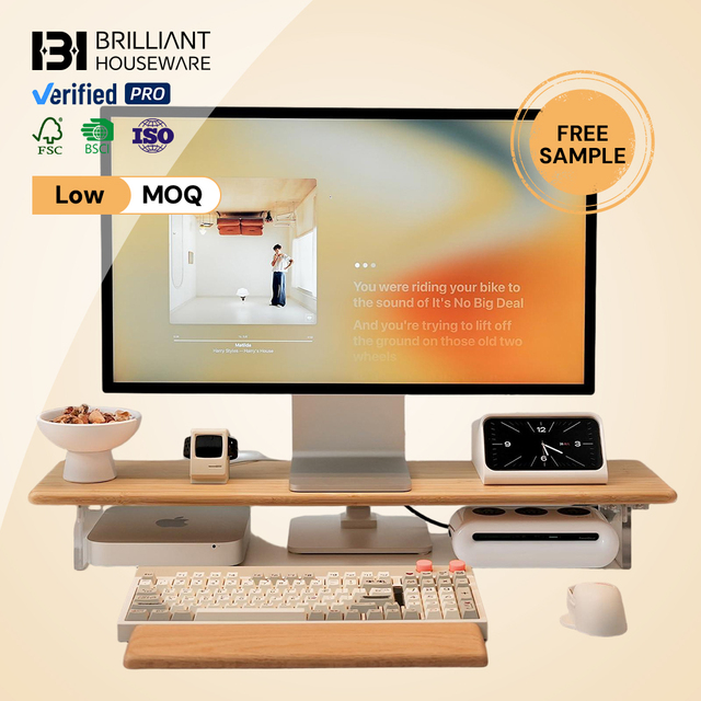 BH Eco-Friendly Bamboo Studio Monitor Stand for Speakers Height Adjustable Riser with Cable Management System