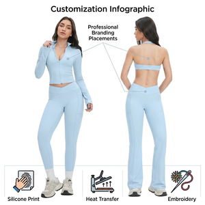 Custom OEM 3-Piece Yoga Set Heavyweight V-Waist Sports Bra <b>Flare</b> <b>Leggings</b> and Zip-up Jacket Activewear for Women Super September - Product Image 3