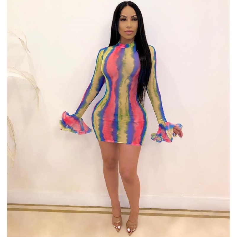 Прозрачное Сетчатое платье Tie Dye, женские сексуальные Клубные платья 2022, прозрачное облегающее мини-платье с длинным рукавом и рюшами