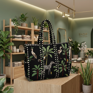 Sac fourre-tout en toile de coton noir brodé, motif floral céleste doré, style bohème, pliable, en rotin, grande capacité, sac de voyage - Product Image 2