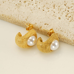Zogxin Gold Plated Pearl Stud Earrings 18K Stainless Steel U Shaped Geometric Design For Women - Product Image 2