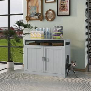 2ドア、屋内猫用洗面所収納ベンチサイドテーブルキャットハウス、大型木製のエンクリズドリターボックスハウス、グレー - Product Image 1