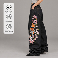 Jean cargo ample taille haute pour femme, motif floral, coupe droite, délavé clair, en denim polyester/coton, style décontracté bohème