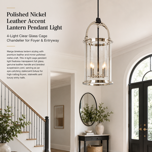 Lanterne en métal nickel poli miroir YH, <span class=keywords><strong>lustre</strong></span> à 4 lumières avec <span class=keywords><strong>cage</strong></span> en verre transparent, cordon en cuir, poignée en cuir, luminaire suspendu en laiton - Product Image 1
