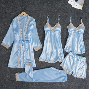 Ensemble de 5 pyjamas en satin et dentelle pour femme, comprenant une robe de nuit, un caraco à col en V, un peignoir à taille élastique, un short et un haut à manches courtes, écologique, pour l'été - Product Image 5