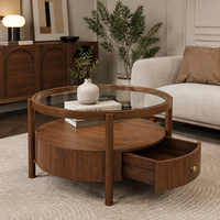 Table basse ronde Japandi avec surface en verre, tiroir de rangement en bois et 4 pieds