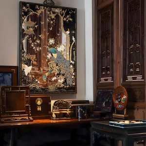 Miroir décoratif mural en bois avec cadre noir de style Art déco antique, représentant un paon divin, pour le <span class=keywords><strong>salon</strong></span> ou le bureau - Product Image 2