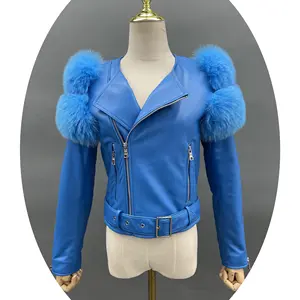 Janefur Wholesale Women Cropped Real Sheepskin Motorcycle Leather Jacket Custom Genuine Sheep Leather Jacket With Real Fox Fur