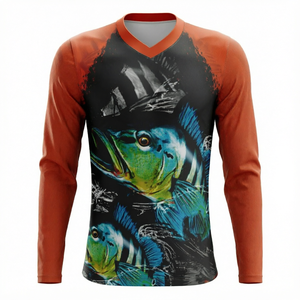 Camiseta de Pesca de Manga Larga con Cuello en V para Hombre, con Estampado de Peces, de Secado Rápido, Informal - Product Image 1
