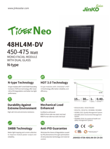 Panel <span class=keywords><strong>Solar</strong></span> Jinko Tipo N de Alta Eficiencia, 450W-475W, Monocristalino, Doble Vidrio, Monofacial, Grado A, para Sistemas Solares - Product Image 2