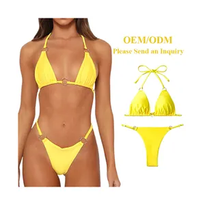 Aide Nylon Glossy Fabric Ribbed O-Ring String Padded Low Waist Bikini Set Swimwear 2024