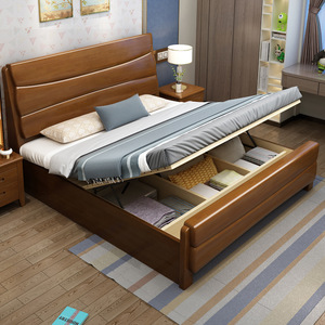 Lit double en bois massif 1,5m 1,8m avec rangement, lit de mariage pour chambre principale, meubles en bois d'hévéa, entièrement en bois massif - Product Image 2