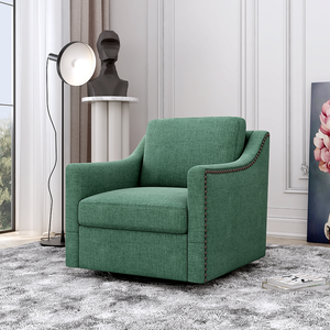 Fauteuil moderne pivotant à 360 degrés en coton et lin, tissu doux pour la peau, design ergonomique, clous décoratifs en laiton, pour salon, maison, bureau - Product Image 4