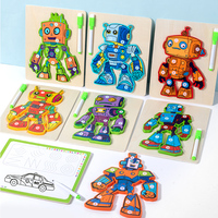 Mainan Edukasi Hadiah untuk Anak Laki-laki Perempuan, Mainan Robot Kayu Puzzle Montessori untuk Melatih Keterampilan Motorik Halus dengan Papan Gambar