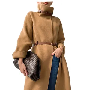 New Fashion Long Winter Genuine Shearling Ladies Coat Belted Peacoat Trench Sexy Women's 100% Real Sheep Lamb Fur Cashmere Women