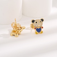 Boucles d'oreilles clous en laiton plaqué or 14K, motif ours mignon, émail cœur bleu, zircon coloré, pour femmes et filles