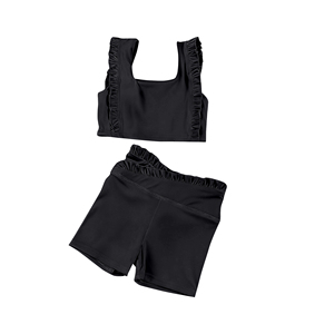 GSD3620 Tenues de yoga décontractées à manches courtes pour petites filles actives, imprimé uni noir, vente en gros - Product Image 1