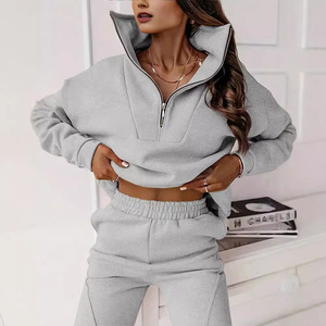 OEM Women Short <b>Sleeve</b> Sweatshirt Pants Set Stand Collar Streetwear Outerwear Polyester Breathable Heat Transfer Logo - Product Image 4