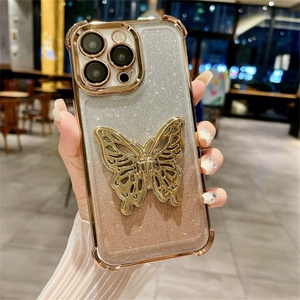Full Camera Coverage Glitter Stylish Transparent Butterfly Phone Case for <b>Iphone</b> 16 15 14 With <b>Holder</b> Stand - Product Image 4