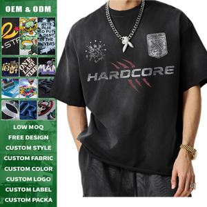 Heavyweight 285g Loose Fit Knitted Cotton Short Sleeve Spray Monkey Wash Tee <b>Distressed</b> Vintage Graphic Streetwear Men's <b>Top</b> - Product Image 1