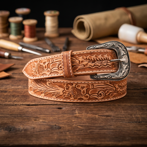 Résistance western Cowgirl Cowboy Floral Ceinture en cuir usiné avec ceinture à boucle en laiton gravé floral argent antique pour unisexe - Product Image 1