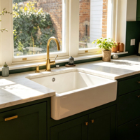 Meuble de cuisine ouvert en acier inoxydable vert foncé mat, îlot en bois massif, mobilier de cuisine moderne sur mesure, évier durable